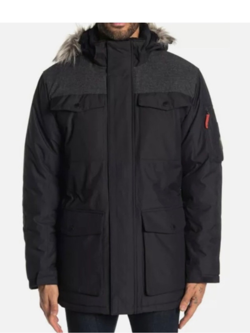 NWT free country small Men's Black Parka Jacket with Faux Fur Trim Hood